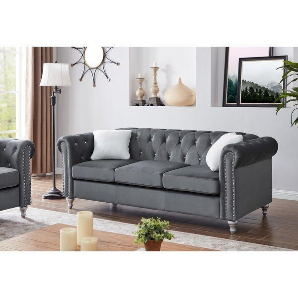 Upholstered 3-Seater Sofa regarding Raisa 82 In. Velvet 3-Seater Sofa With 2-Throw Pillow, Gray