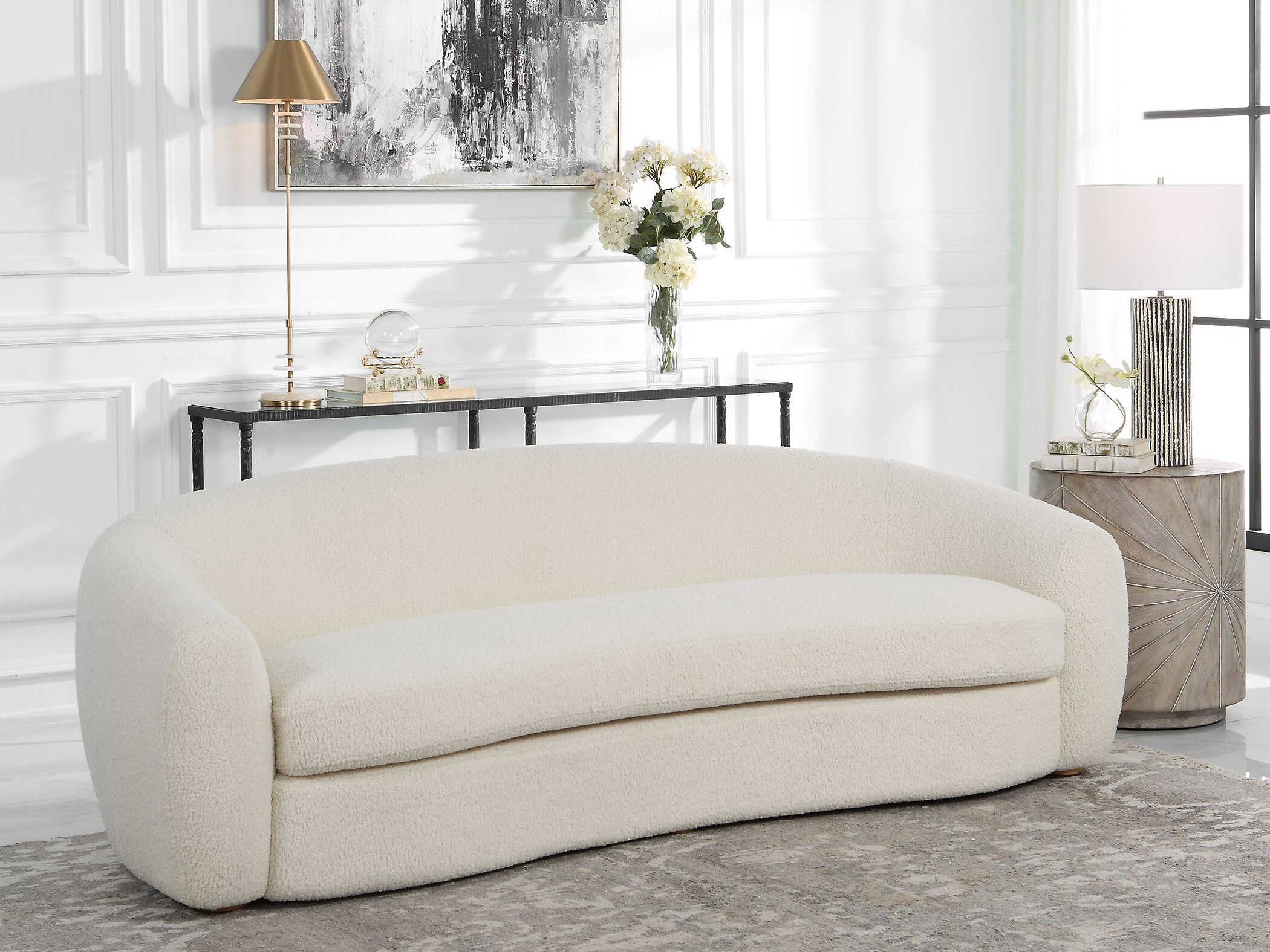 Uttermost Capra Art Deco White Upholstered Sofa | Ut23746 regarding Color Psychology and the Light Cloud Blue of the Refuge Sofa