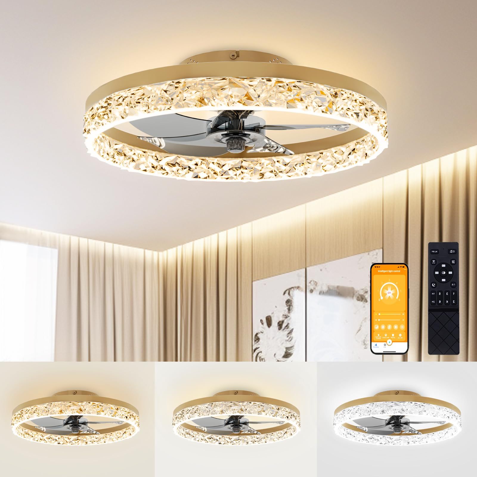 Volisun Fandelier Ceiling Fans With Lights And Remote, 19.7In Low Profile Ceiling Fan Flush ... with 48 In Modern Flush Mounted Ceiling Fan, Sand Nickel With Dimmable Led And Remote