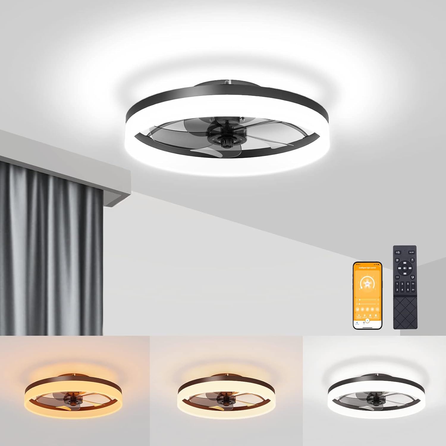 Volisun Low Profile Ceiling Fans With Lights And Remote, Fandelier ... within 19.5 In Indoor Farmhouse Flush Mount Led Ceiling Fan With Remote Control