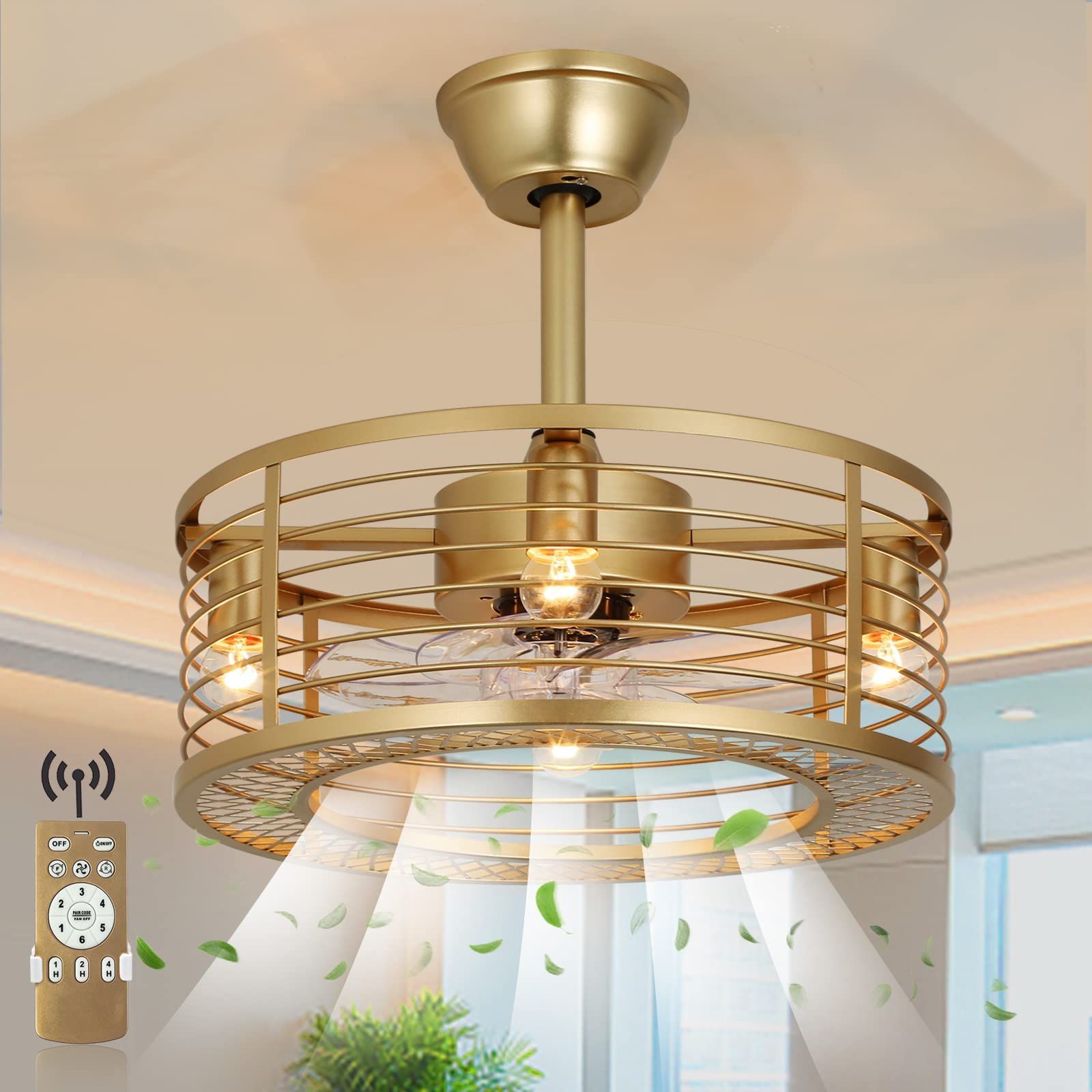 Warmyou Caged Ceiling Fans With Lights, Gold Ceiling Fan With Light And ... inside Illuminating Spaces: A Guide to Integrated Lighting in Retractable Ceiling Fans