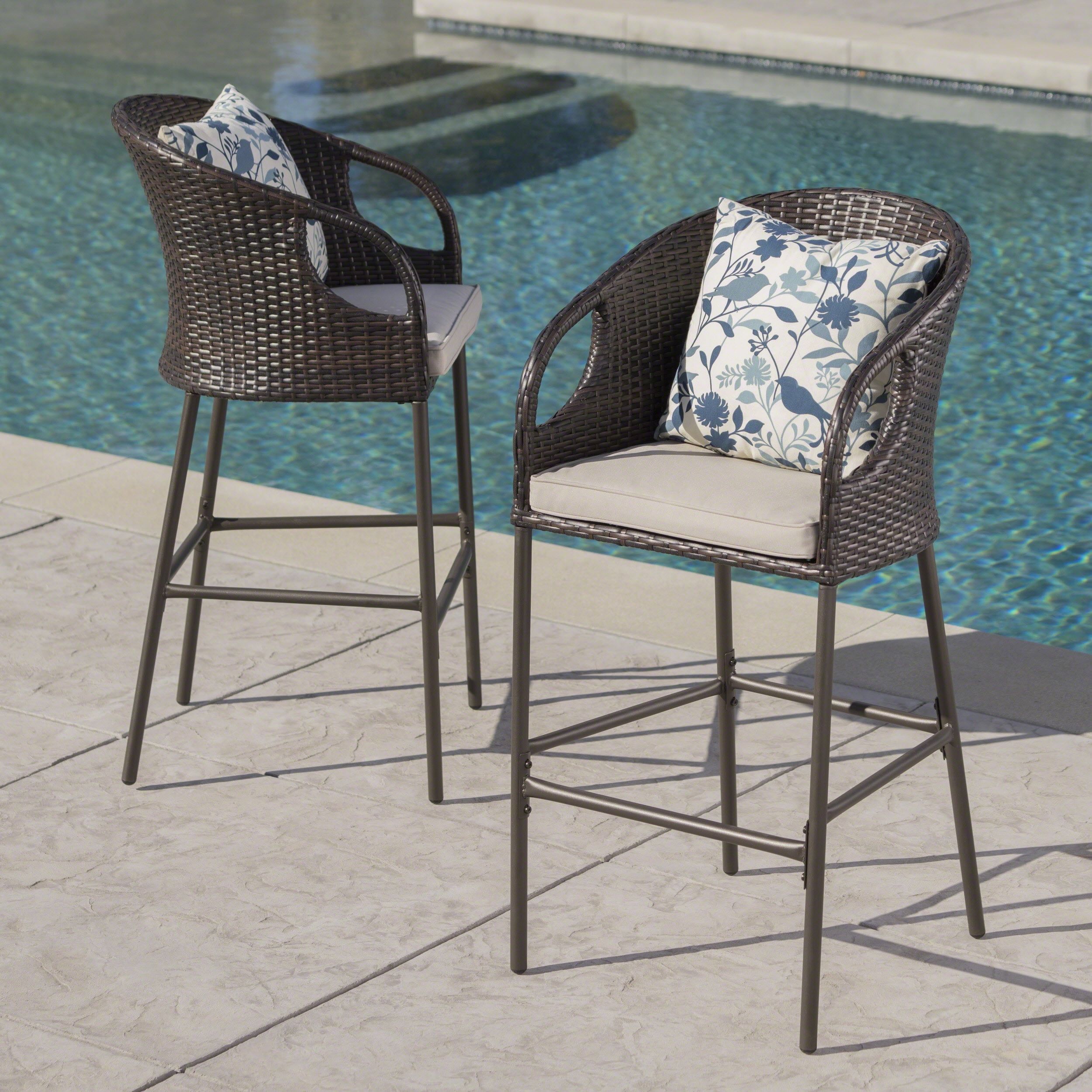 Warner Outdoor Wicker Barstools With Cushions, Set Of 2, Multibrown ... regarding Resaca Outdoor Wicker Barstools, Set Of 2, Light Multi-Brown And Teak