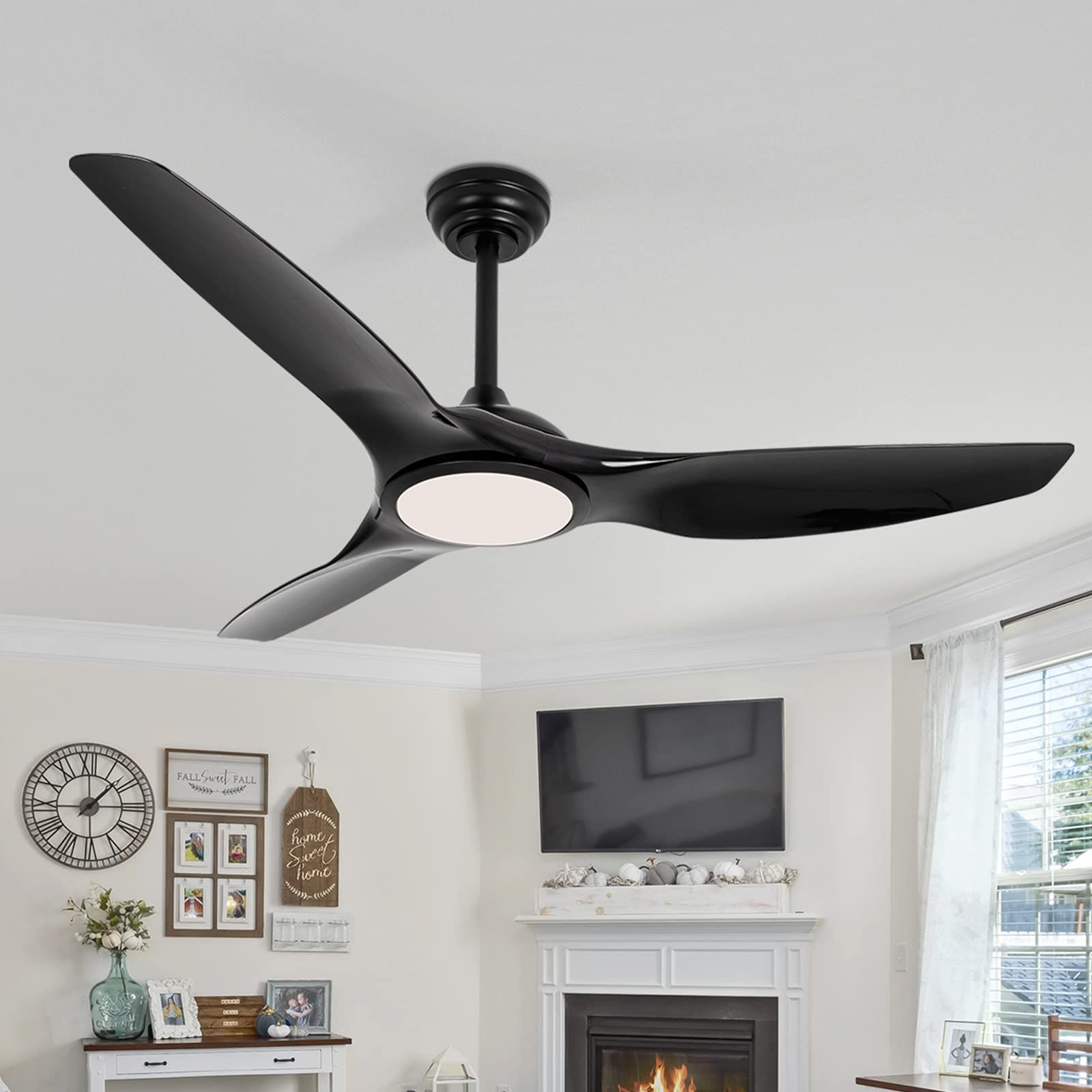 Wozzio 52 Inch Modern Ceiling Fan With Light And Remote 3 Blades ... with 52-Inch Modern Ceiling Fan With Dimmable Led And Remote Control, Black