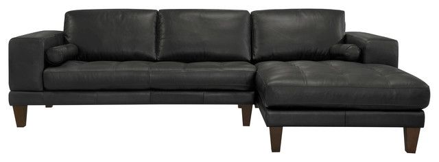 Wynne Contemporary Sectional, Genuine Black Leather With Brown Wood ... throughout Wynne Contemporary Sofa, Genuine Black Leather With Brown Wood Legs, Black
