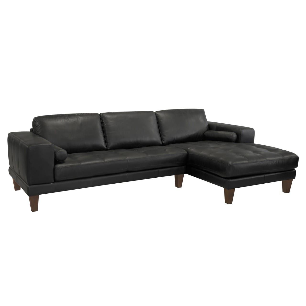 Wynne Contemporary Sectional In Genuine Black Leather W/Brown Wood Legs ... in Wood Leg Wonders The Sustainable Choices in Furniture Design
