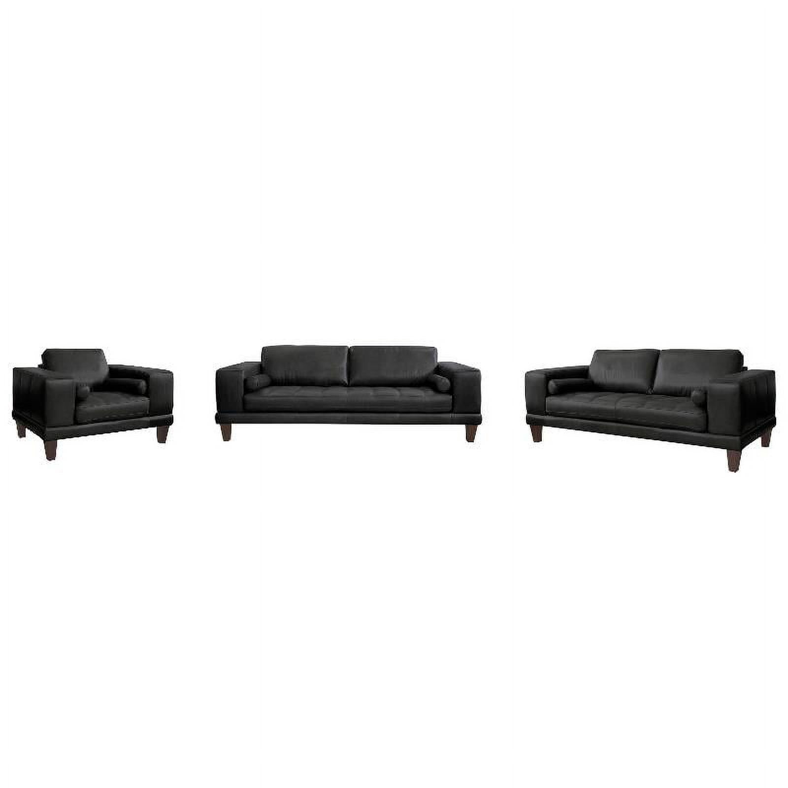Wynne Living Room Set In Genuine Black Leather With Brown Wood Legs ... for Wynne Contemporary Sofa, Genuine Black Leather With Brown Wood Legs, Black