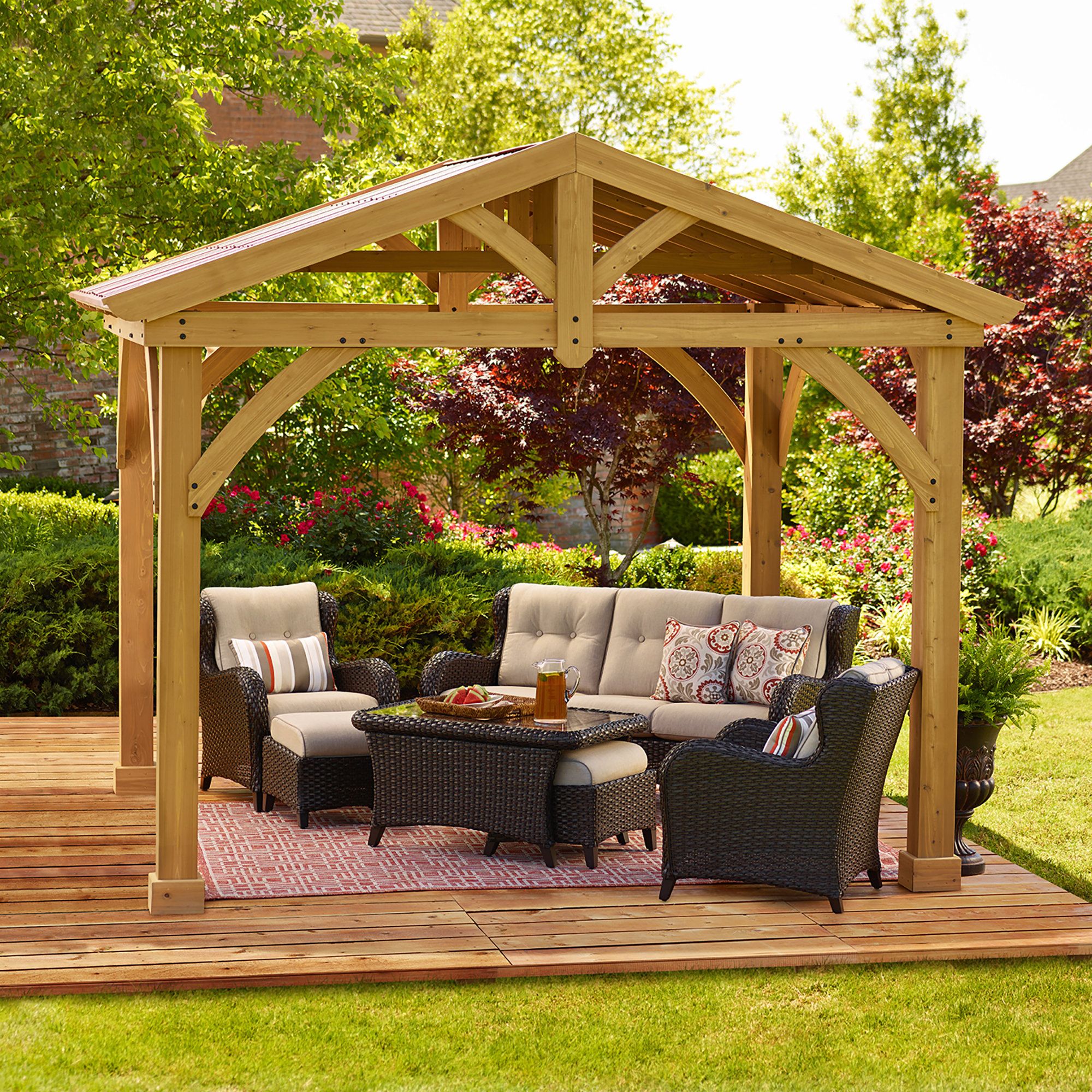 Yardistry Avery Pavilion 10 Ft. W X 12 Ft. D Wood Permanent Gazebo ... within 12Ft. W X 10Ft. D Outdoor Cedar Framed Gazebo With Steel Hardtop Permanent Wooden Finished Pavilion