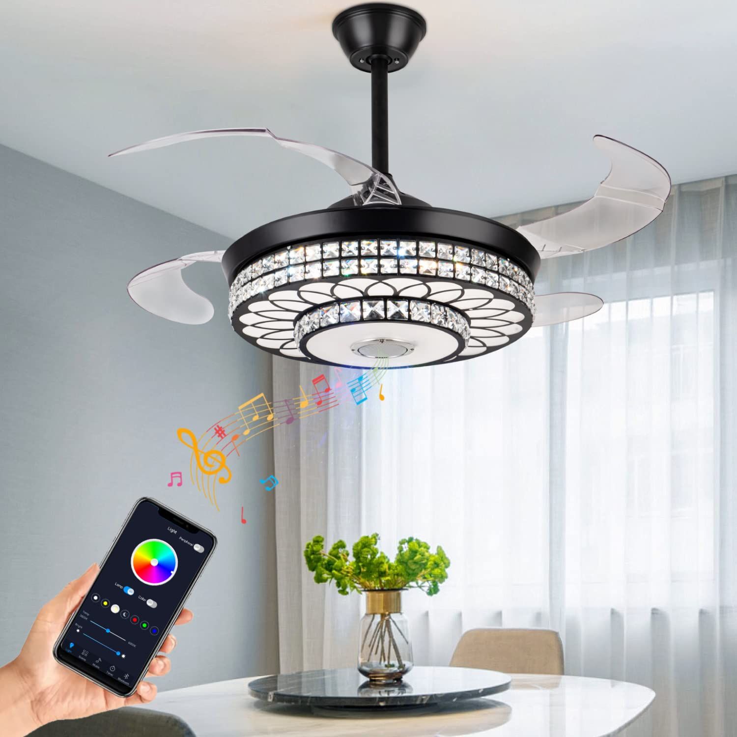 Yaretro 42" Retractable Ceiling Fan With Light Bluetooth Speaker Crystal Modern Ceiling Lighting ... pertaining to Beyond Cooling Understanding the Features and Benefits of 41.73 Modern Ceiling Fans
