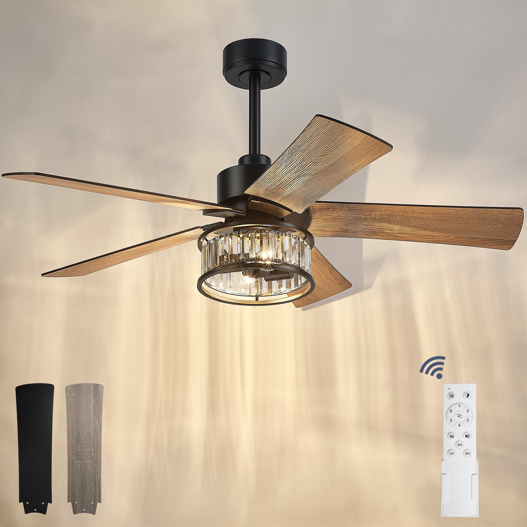 Youkain Black Ceiling Fan, 48 Inch Modern Crystal Ceiling Fan With Lights And Remote Control, 5 ... in 48 In. Black Industrial Flush Mounted Ceiling Fan With Remote Control, 5 Blades
