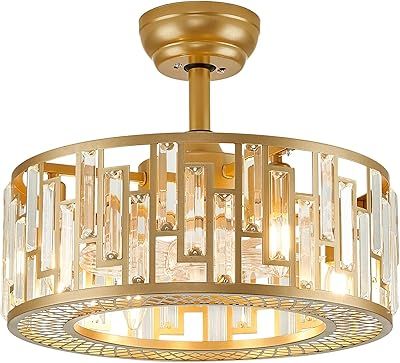 Youngrender 20 Inch Gold Caged Ceiling Fan With Light, Flower ... in 20" Crystal Caged Chandelier Ceiling Fans With Light Kit And Remote Control, Black