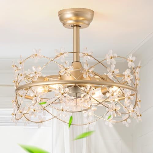 Youngrender 20 Inch Gold Caged Ceiling Fan With Light, Flower ... pertaining to 20" Crystal Caged Chandelier Ceiling Fans With Light Kit And Remote Control, Black