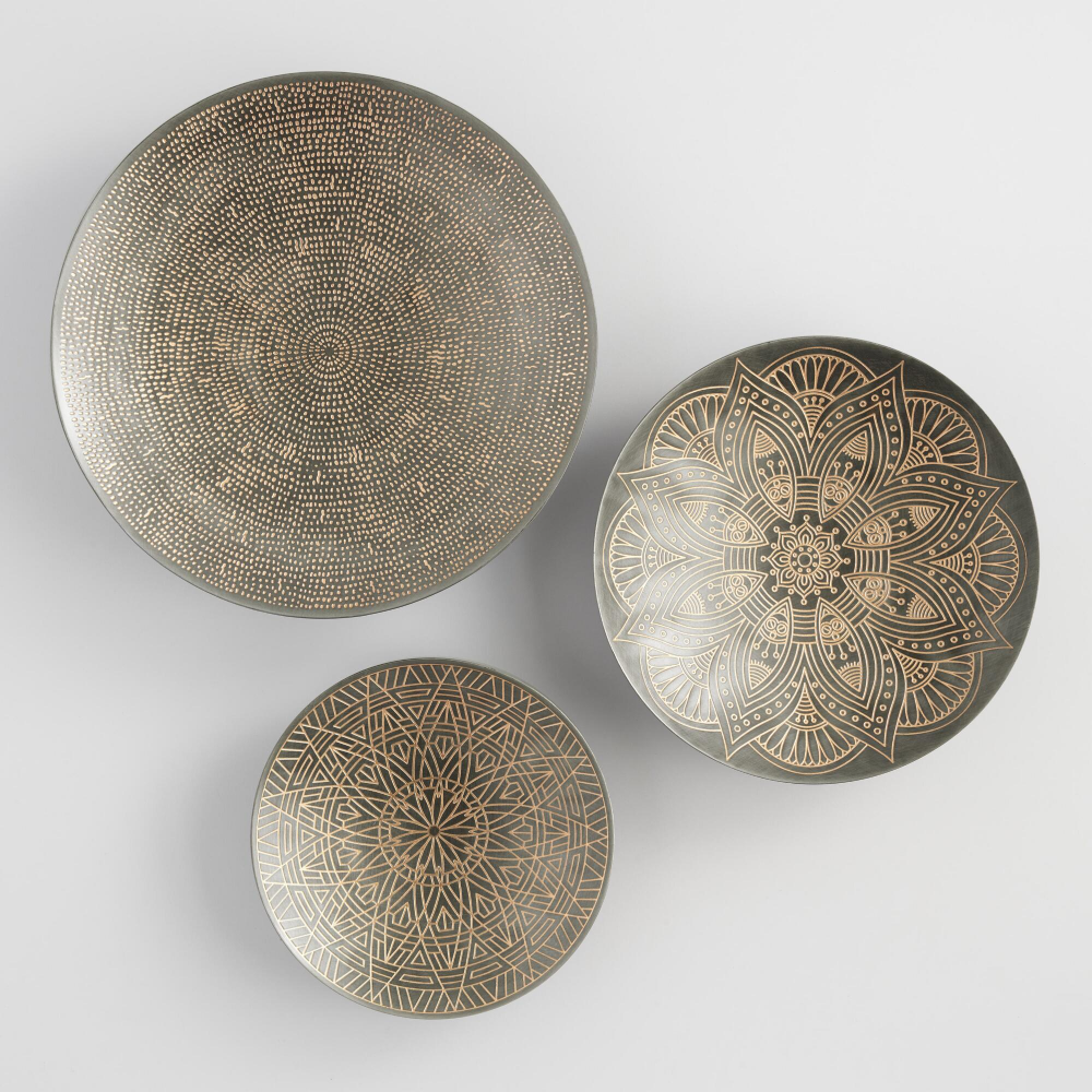 Zinc And Gold Metal Etched Disc Wall Art Set Of 3 | World Market | 壁, 食器 inside Elias Bronze And Gold Wall Art