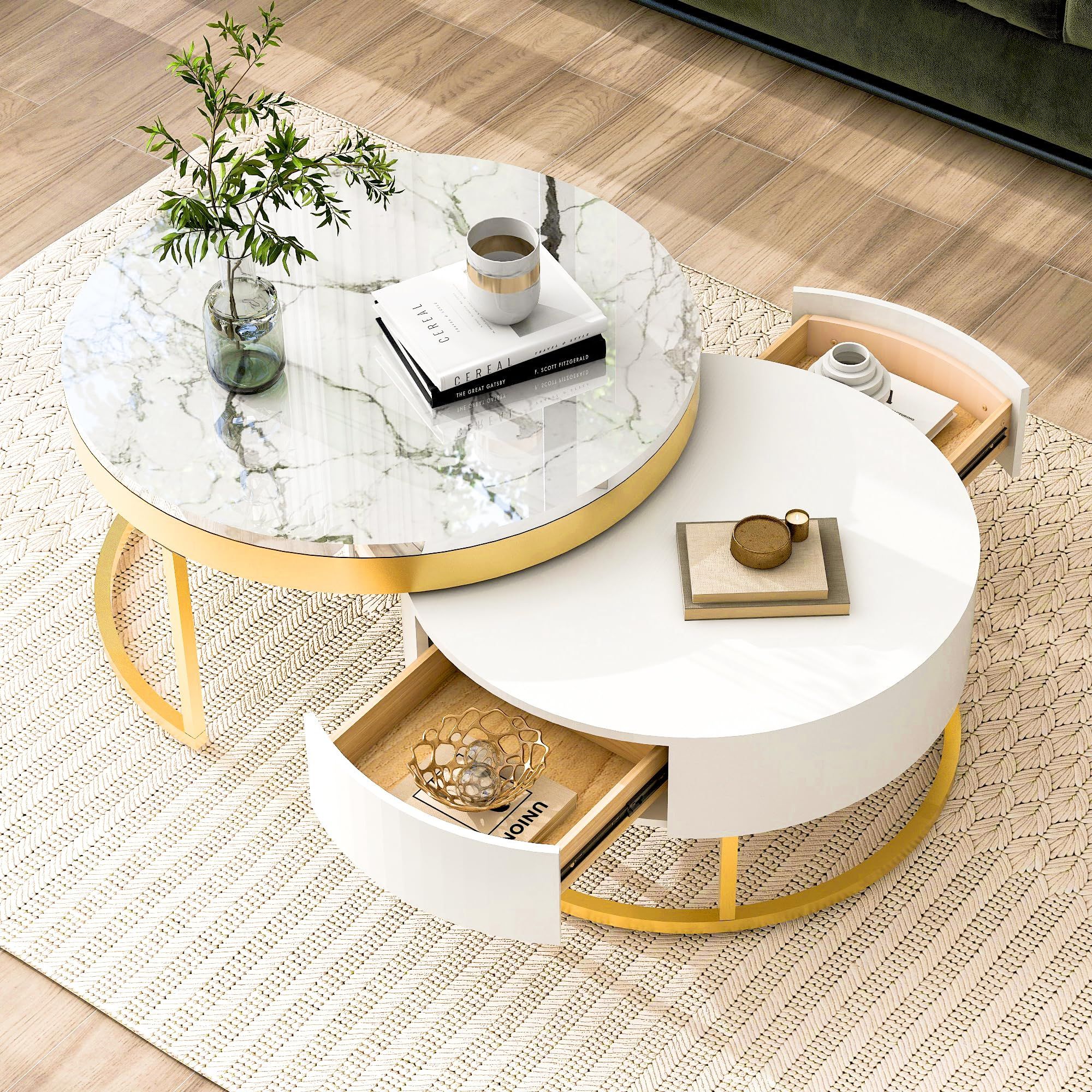 Amazon.com: Modern Round Nesting Coffee Table With Drawers In White ... in Unveiling the Allure of 35" Gold Glass Round Nested Coffee Tables A Comprehensive Guide