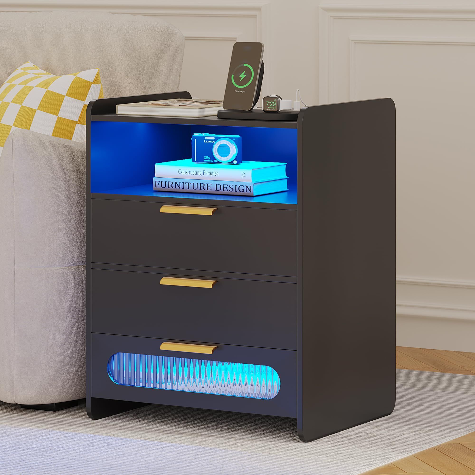 Dnbss Nightstand With Charging Station, Led Night Stand With 3 Drawers ... regarding Beyond the Basics Exploring the Features of the Legend Black Nightstand