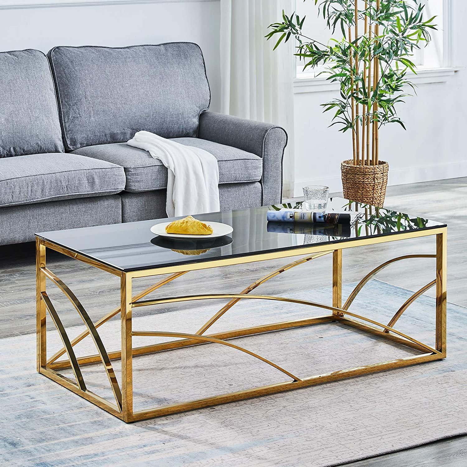 Gold Glass Coffee Table For Living Room 47.24" Stainless Steel ... with 24" Gold Glass Rectangular End Table