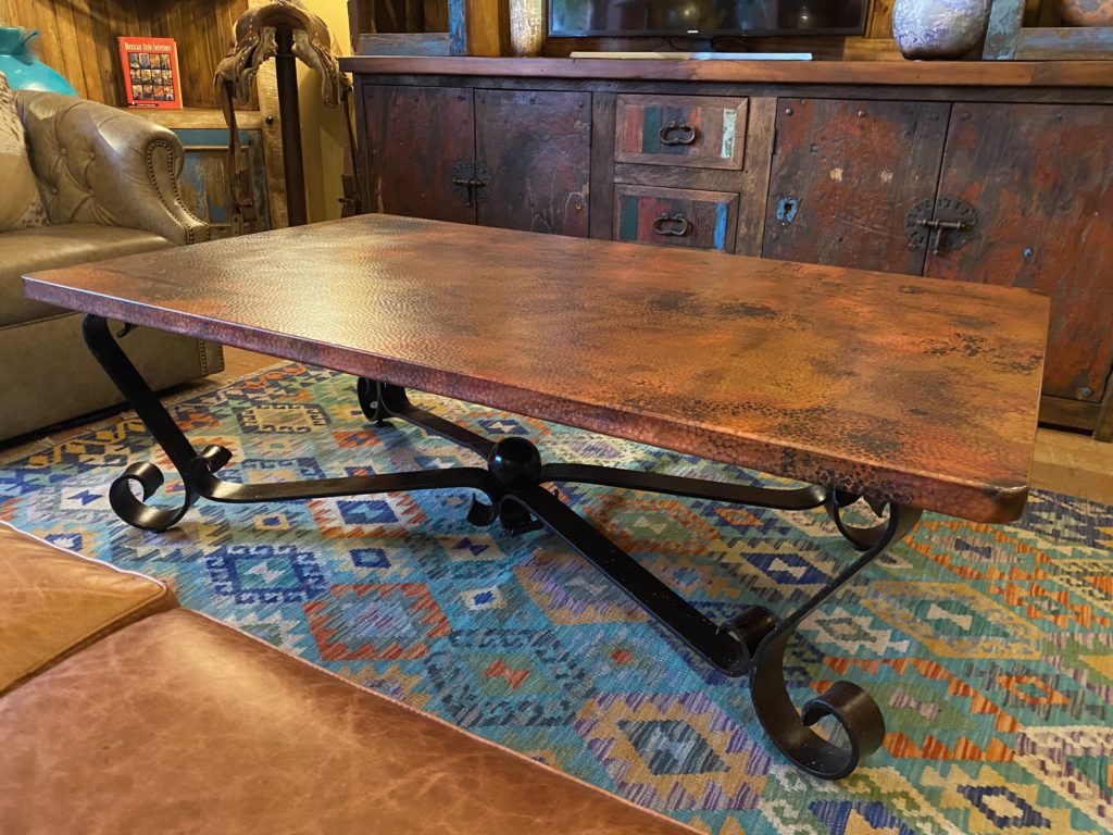 Hand-Hammered Copper Coffee Table On Iron Base - The Rustic Gallery pertaining to