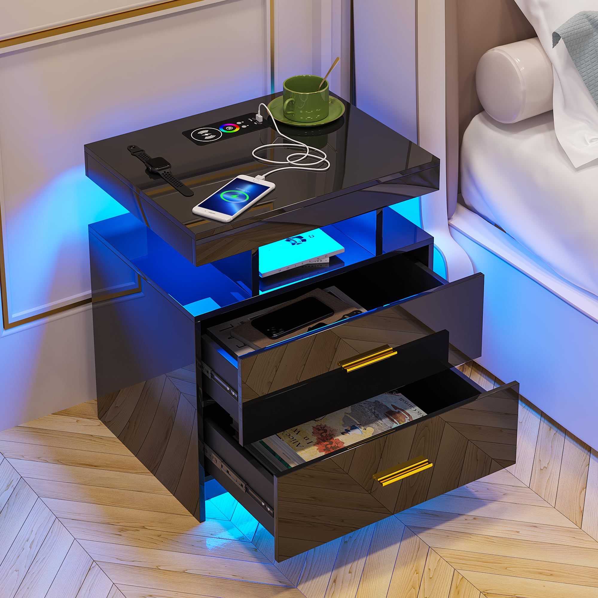 Hnebc Led Nightstand,Black Night Stand With Usb+Type-C+Wireless ... intended for Beyond the Basics Exploring the Features of the Legend Black Nightstand