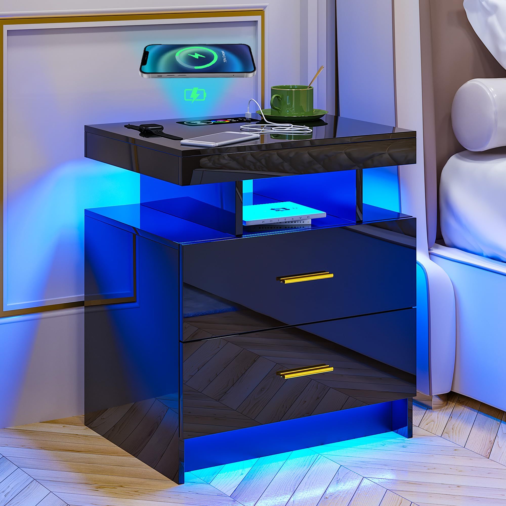 Hnebc Led Nightstand,Black Night Stand With Usb+Type-C+Wireless ... regarding
