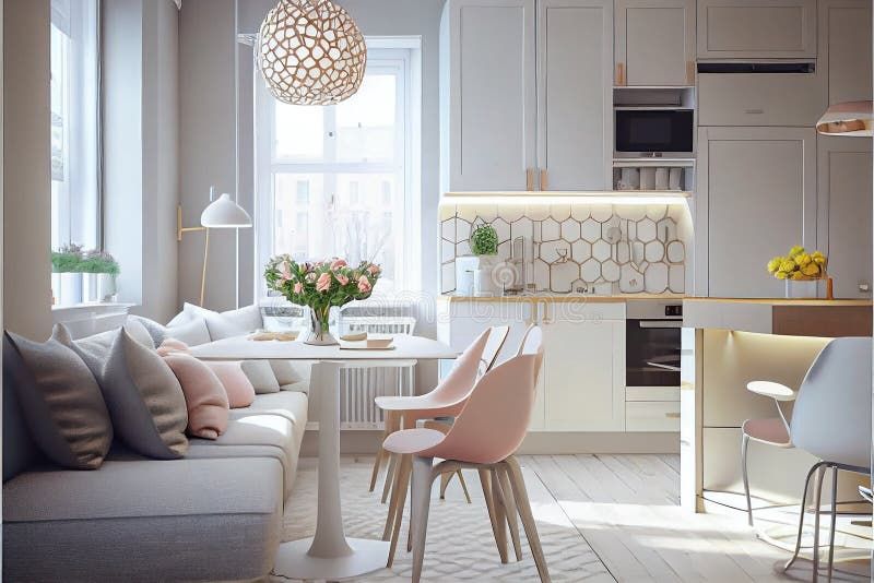 Modernly Designed White Kitchen Interior. Generative Ai Stock Illustration - Illustration Of ... for Benzara Bm69639 Modernly Charming Bench, White