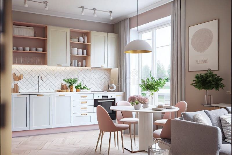 Modernly Designed White Kitchen Interior. Generative Ai Stock Illustration - Illustration Of ... in Benzara Bm69639 Modernly Charming Bench, White