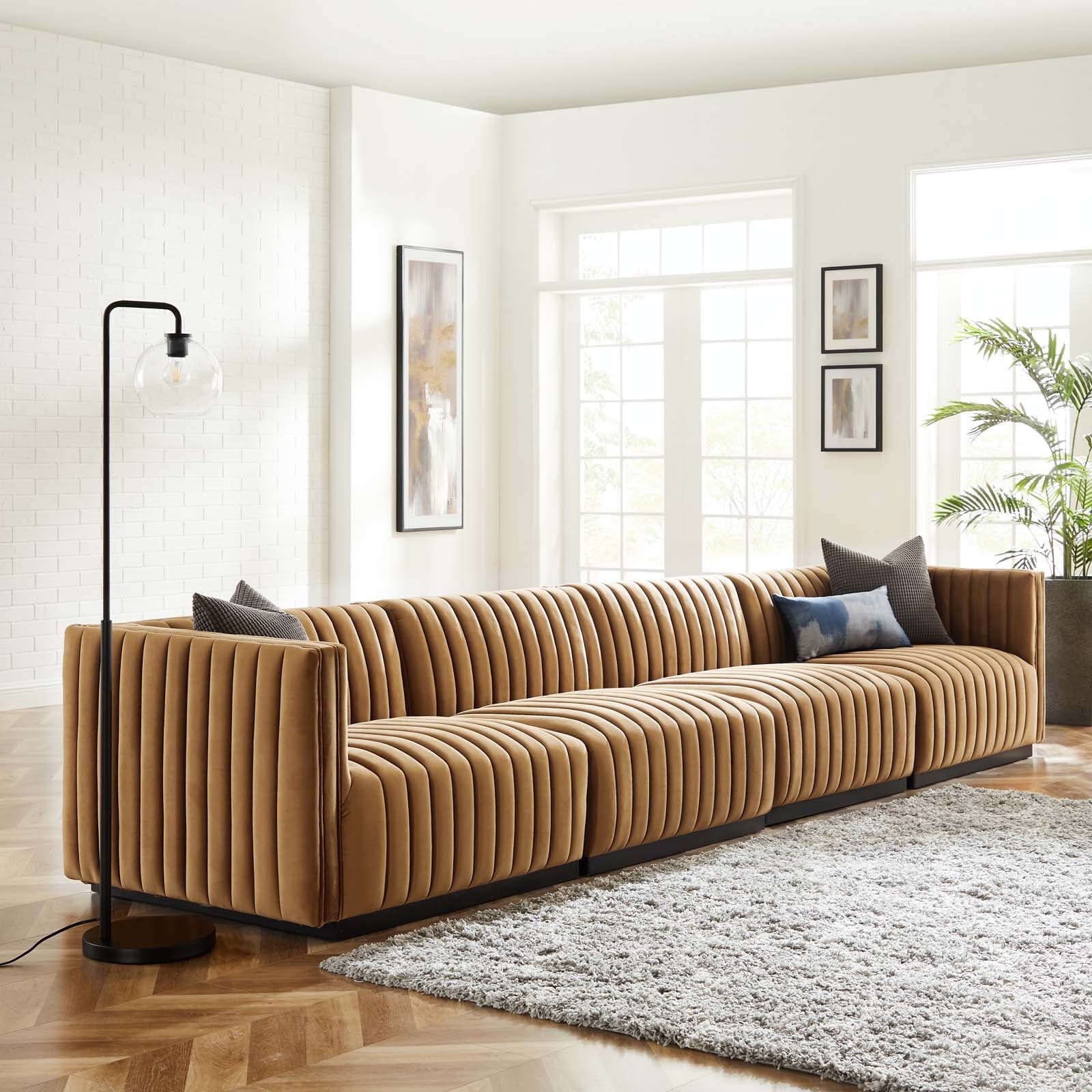 Modway Conjure Canal Tufted 4-Piece Velvet Sofa In Black Cognac ... regarding