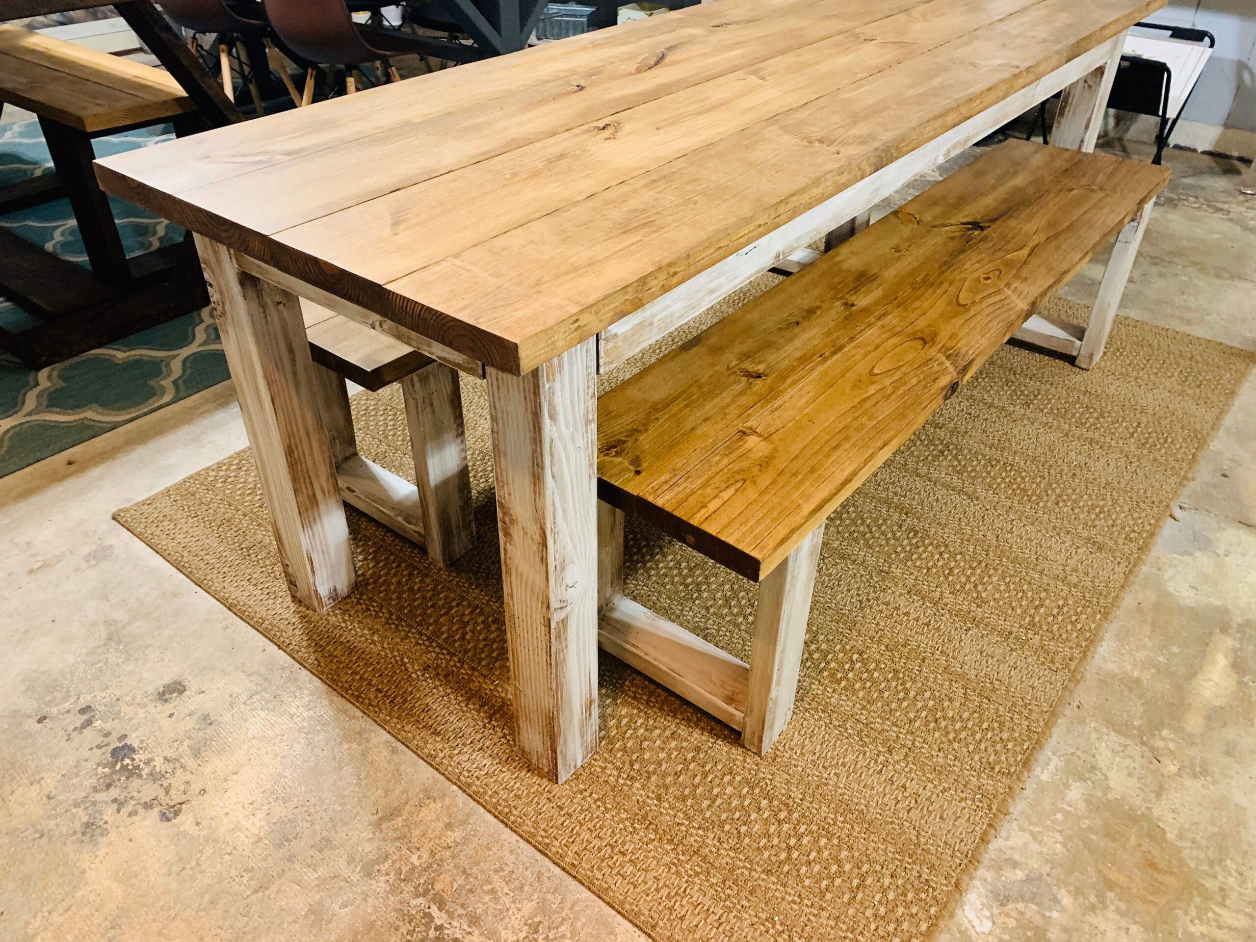 Narrow Farmhouse Table Set With Benches, Distressed White, Early ... inside
