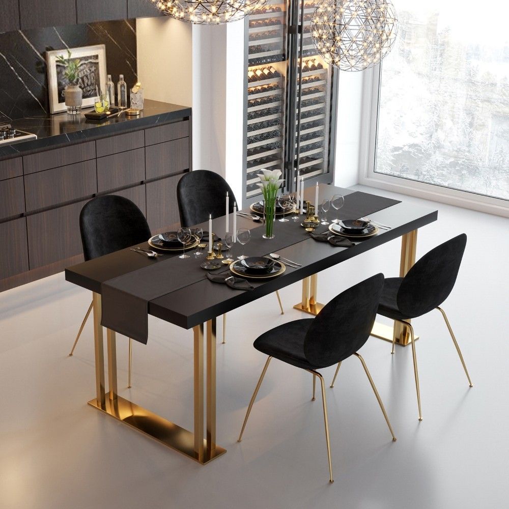 63"/70.1" Black Rectangle Wood Dining Table In Gold | Dining Table Gold ... with