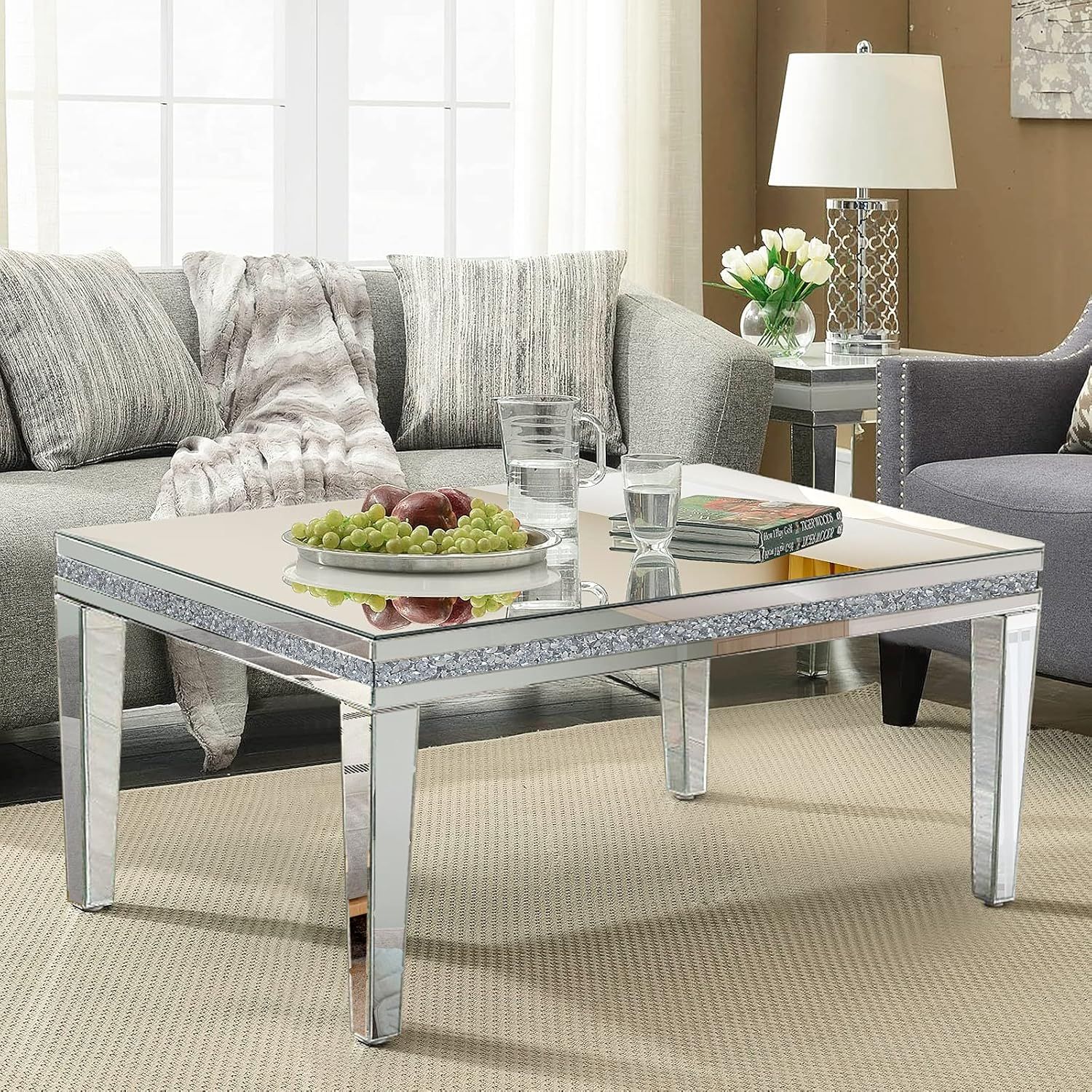 Amazon.com: Ga Home Silver Mirrored Coffee Table, Rectangle Living Room ... inside