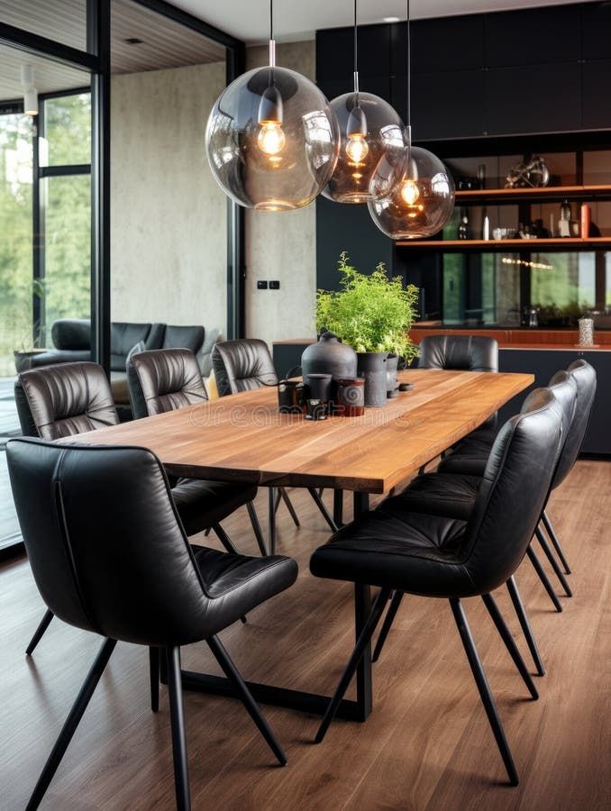 Black Chairs And Leather Sofa At Wooden Dining Table. Interior Design ... inside Designing a Modern Dining Space with a 63 Inch Black Table