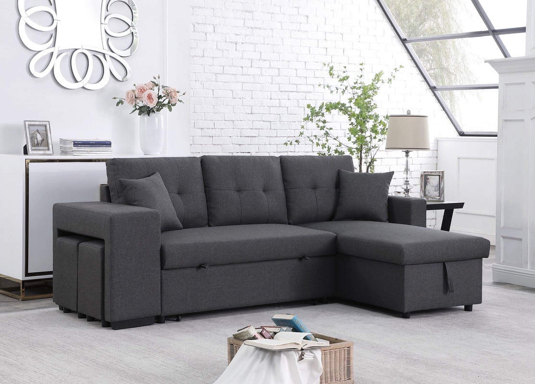 Dennis Dark Gray Linen Sofa Couch With Reversible Sleeper, Sectional ... for