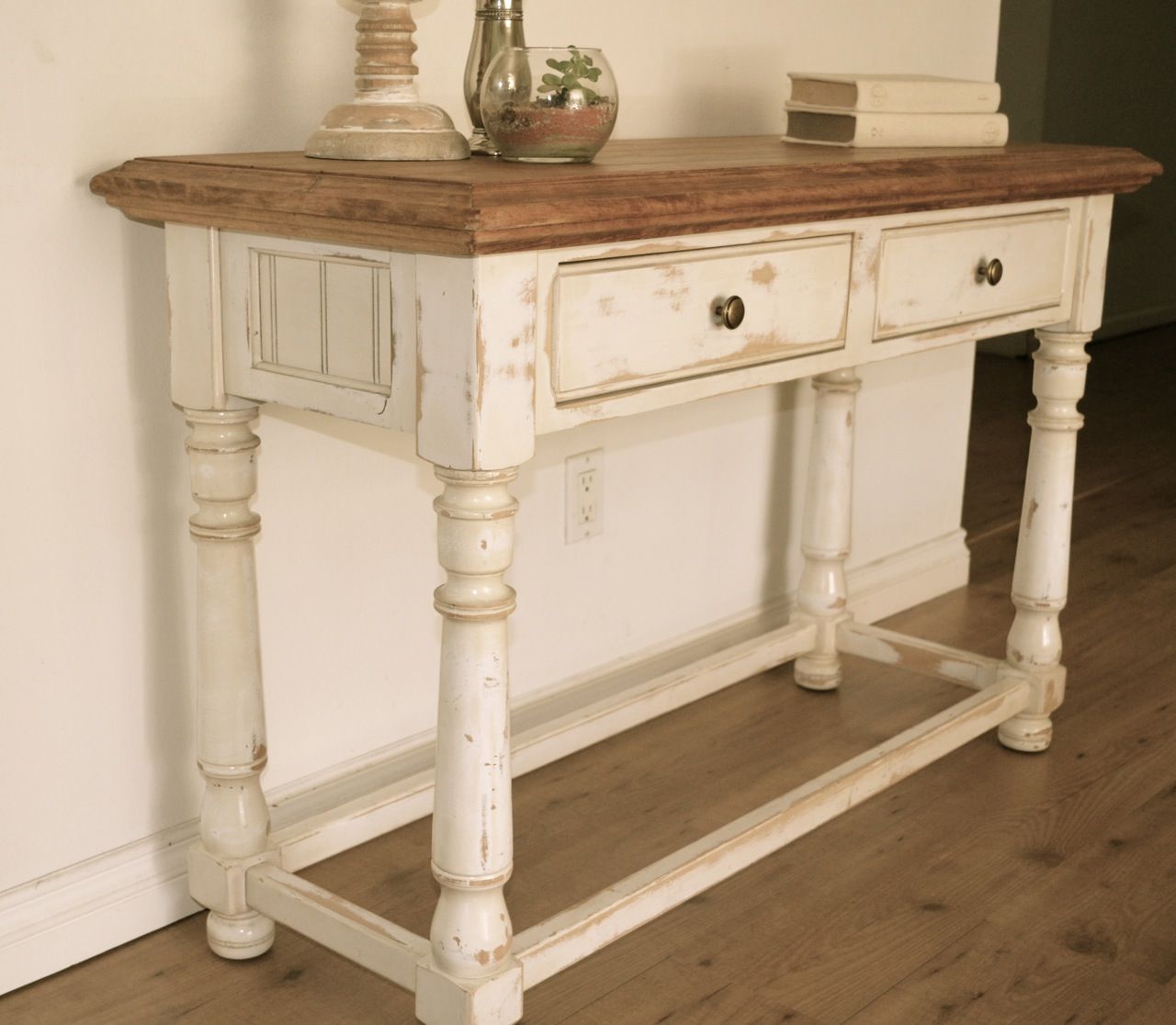 Farmhouse Style Console Table. Distressed White Paint, Light Stain On ... with regard to Designing with a Highland Distressed White Solid Reclaimed Wood Dining Table