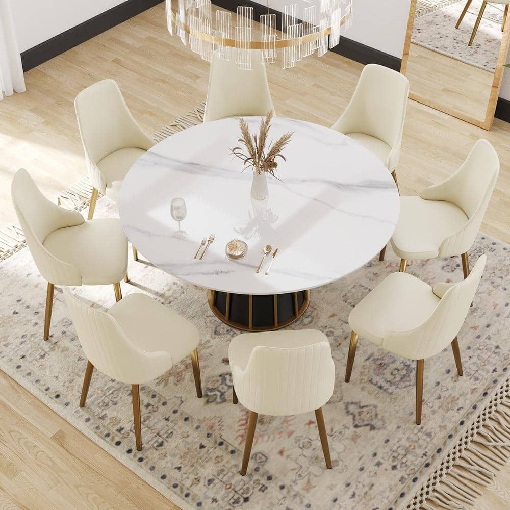 J&Amp;E Home White Sintered Stone 59 In. Pedestal Marble Dining Table ... for