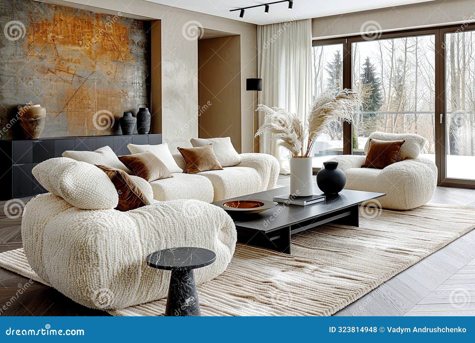 Minimalist Interior Design Of Modern Living Room With Boucle Sofa And ... intended for Understanding the Enduring Appeal of Boucle in Modern Living Spaces