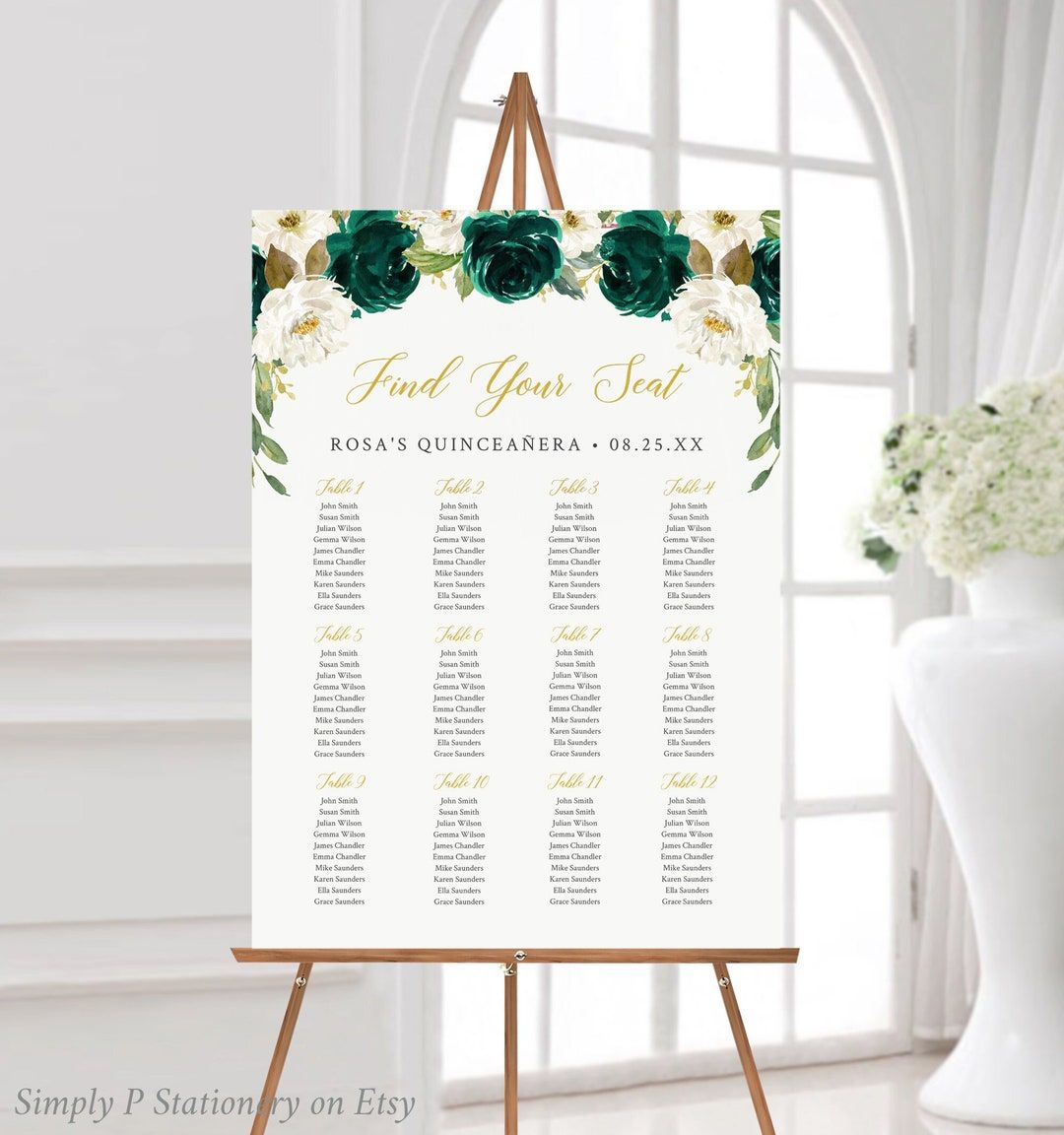 Quinceanera Seating Chart Template, Emerald Gold Seating Chart, Quince ... with Making a Statement with Compact Gold Seating