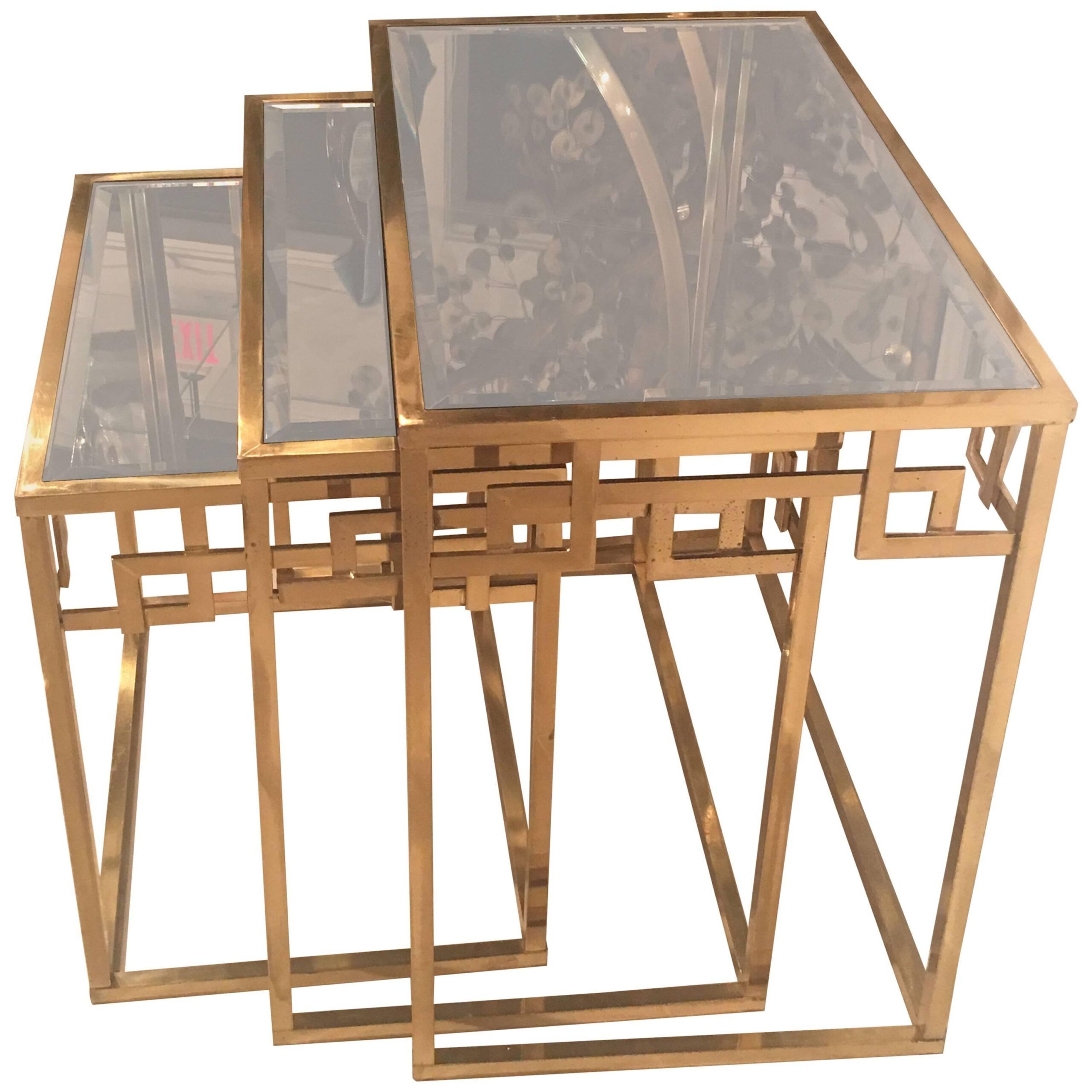 Set Of Three Brass And Antique Glass Nesting Tables At 1Stdibs throughout
