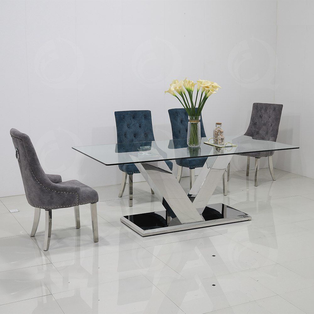Silver V Stainless Steel Base Glass Modern Dining Table - Dining Table ... within