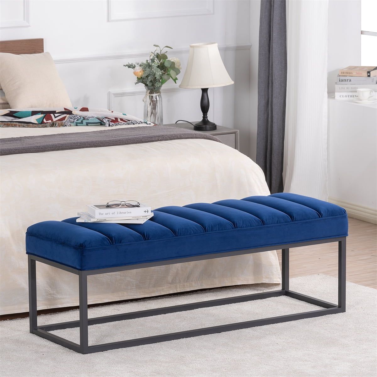 Velvet Bench, Upholstered Tufted Channel Bench Entryway Footstool ... for