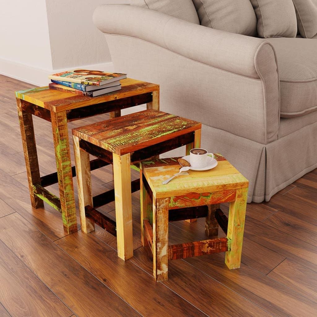 Vidaxl Nesting Table Set 3 Pieces Vintage Reclaimed Wood | Vidaxl.com within The Art of Functional Furniture Exploring Vidaxl Sheesham Nesting Tables