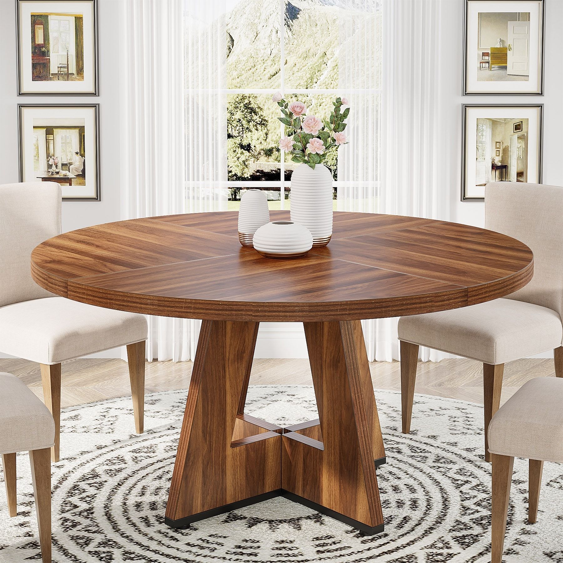 47 Inch Round Dining Table For 4, Wood Farmhouse Dinner Dinning Table ... throughout