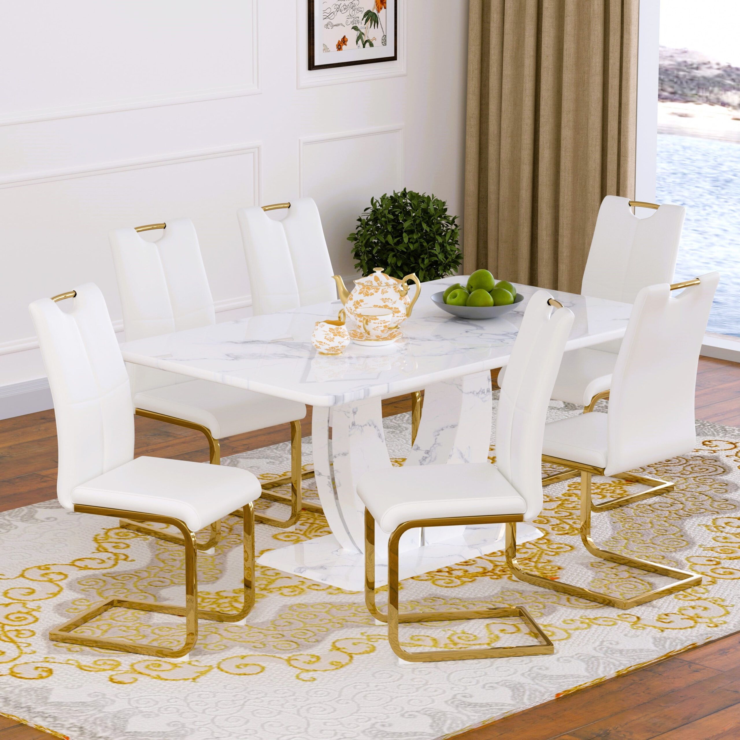 63" Modern White Rectangle Faux Marble Dining Table Room Sets For 6 ... throughout