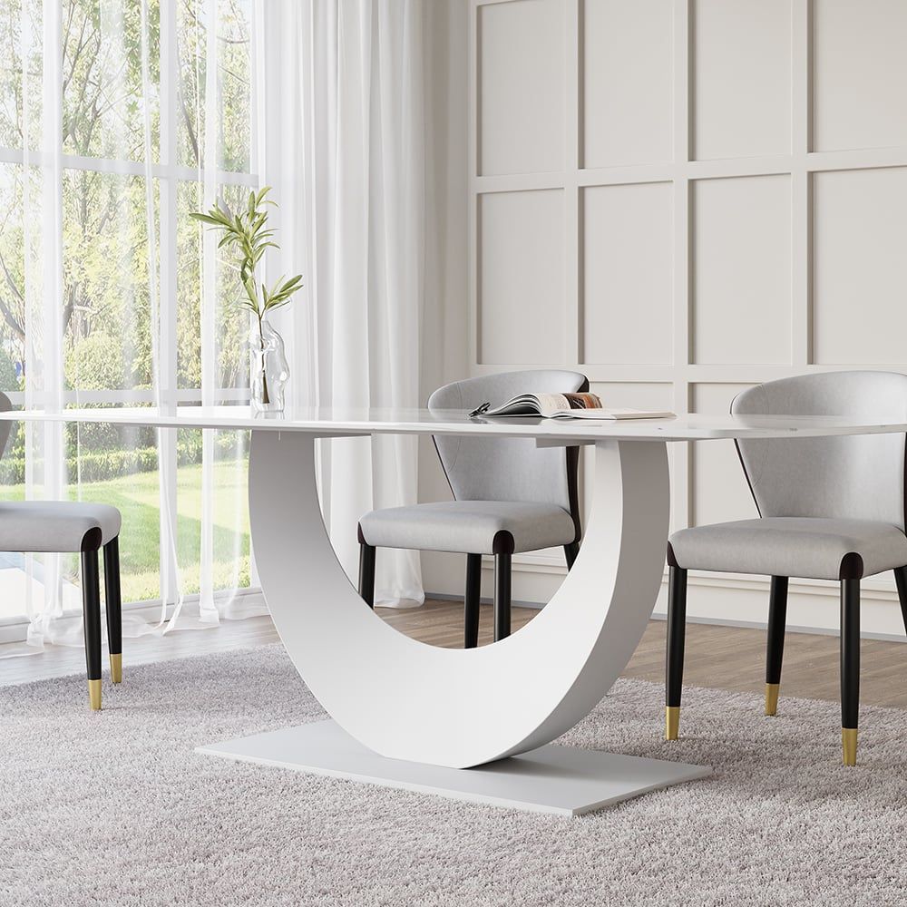 71" White Faux Marble Dining Table For 8 Crescent Base Sintered Stone ... for Style and Functionality The White Faux Marble Dining Table Advantage