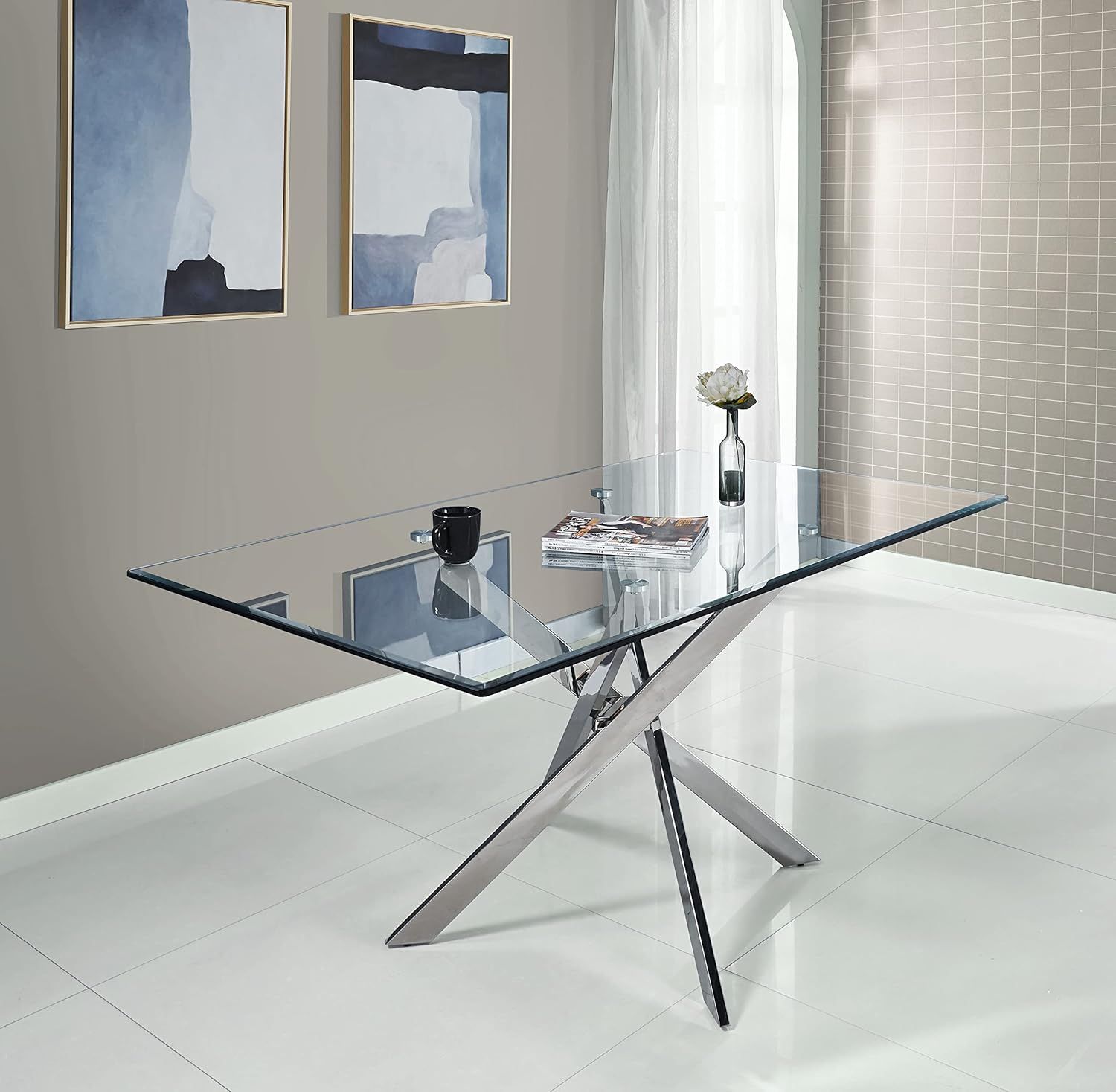 Amazon.com - Binrrio 51" Rectangular Glass Dining Table Modern Kitchen ... regarding From Our Showroom The Briarwood Rectangular Glass Dining Table Espresso Brown Clear
