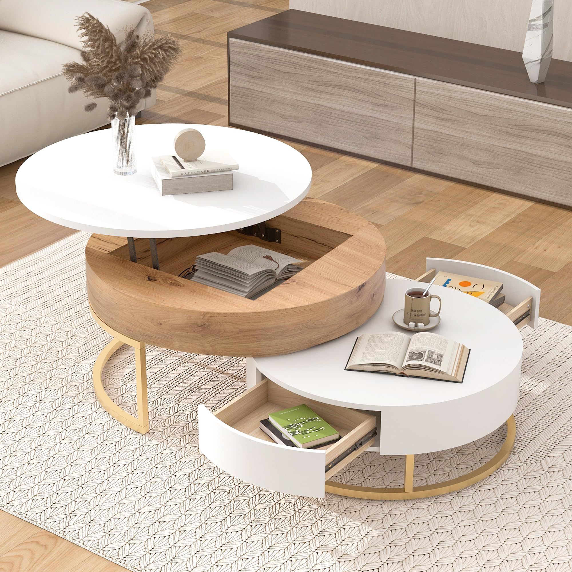 Amazon.com: Modern Round Lift-Top Nesting Coffee Tables With 2 Drawers ... pertaining to
