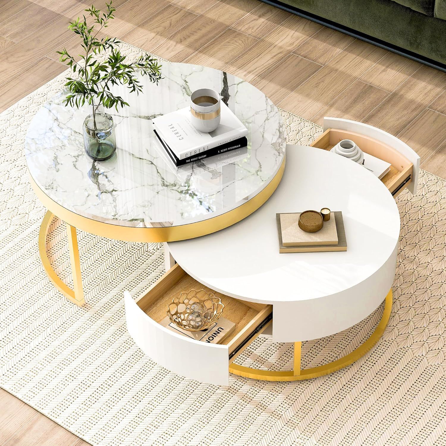 Amazon.com: Modern Round Nesting Coffee Table With Drawers In White ... with regard to Elevate Your Living Room with a Chic 19" Round Nested Table Ensemble