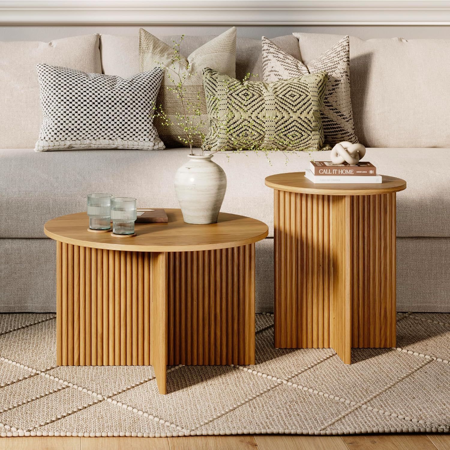 Amazon.com: Stead Round Fluted Nesting Coffee Table - 2 Piece Coffee ... for Elevate Your Living Room with a Chic 19" Round Nested Table Ensemble