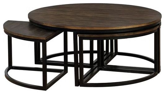 Antiqued Mocha 42" Round Acacia Wood Coffee Table With Nesting Tables ... regarding Achieving an Industrial Look with Antiqued Mocha Coffee Tables