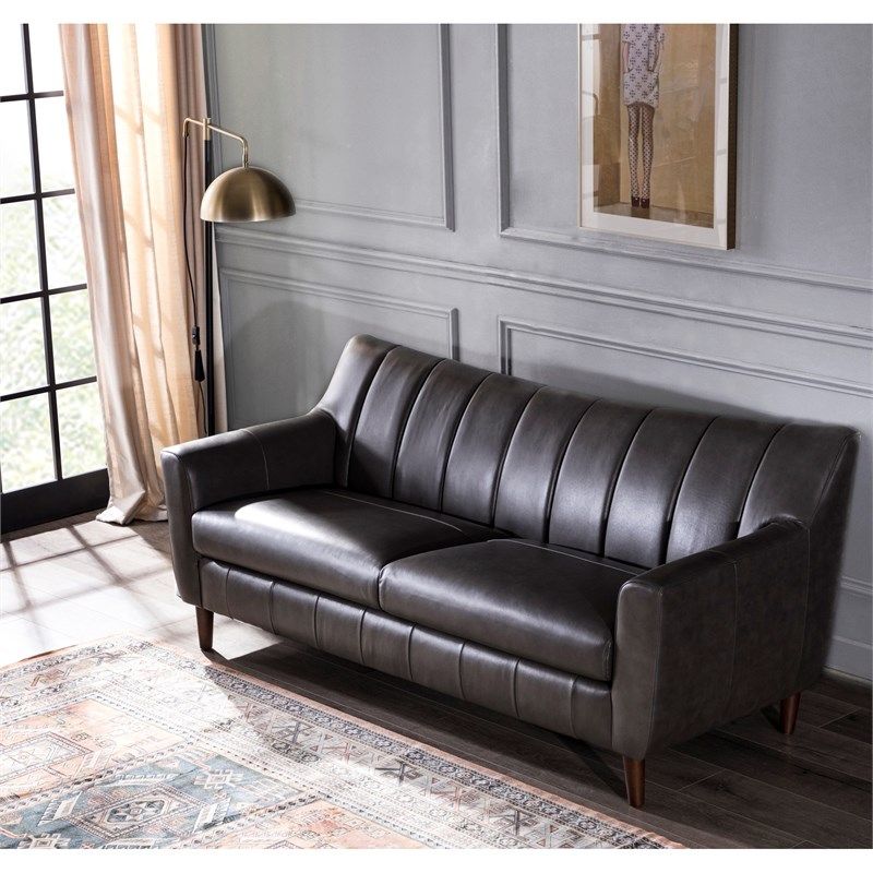 Bowery Hill 20&quot; Modern Leather Upholstered Channel Back Sofa In Gray ... throughout Styling Your Space with the Bowery Hill Modern Tufted Leather Sofa