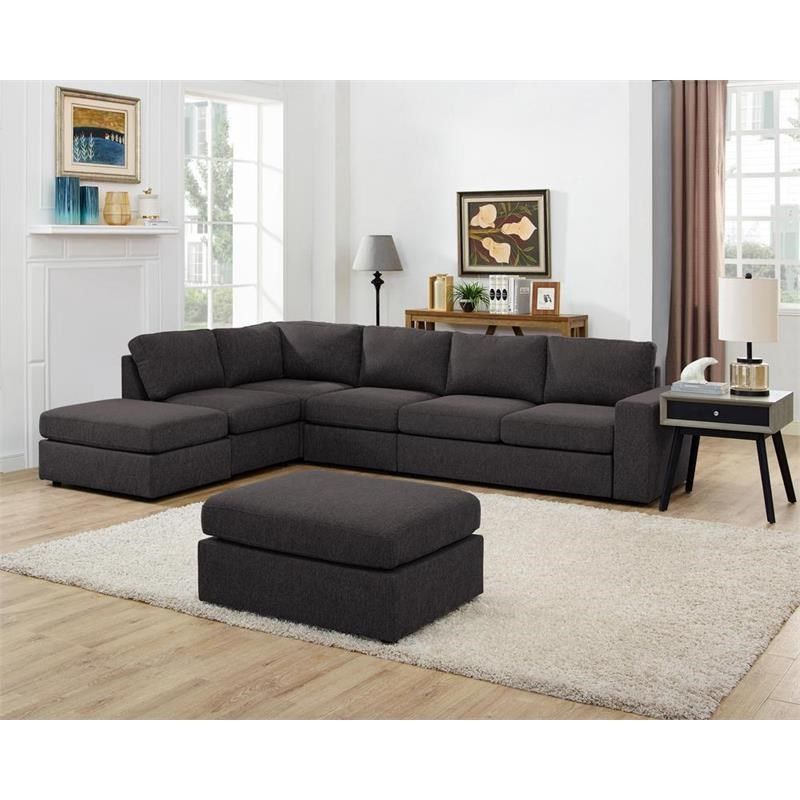 Cassia Modular Sectional Sofa With Ottoman In Dark Gray Linen Fabric ... for