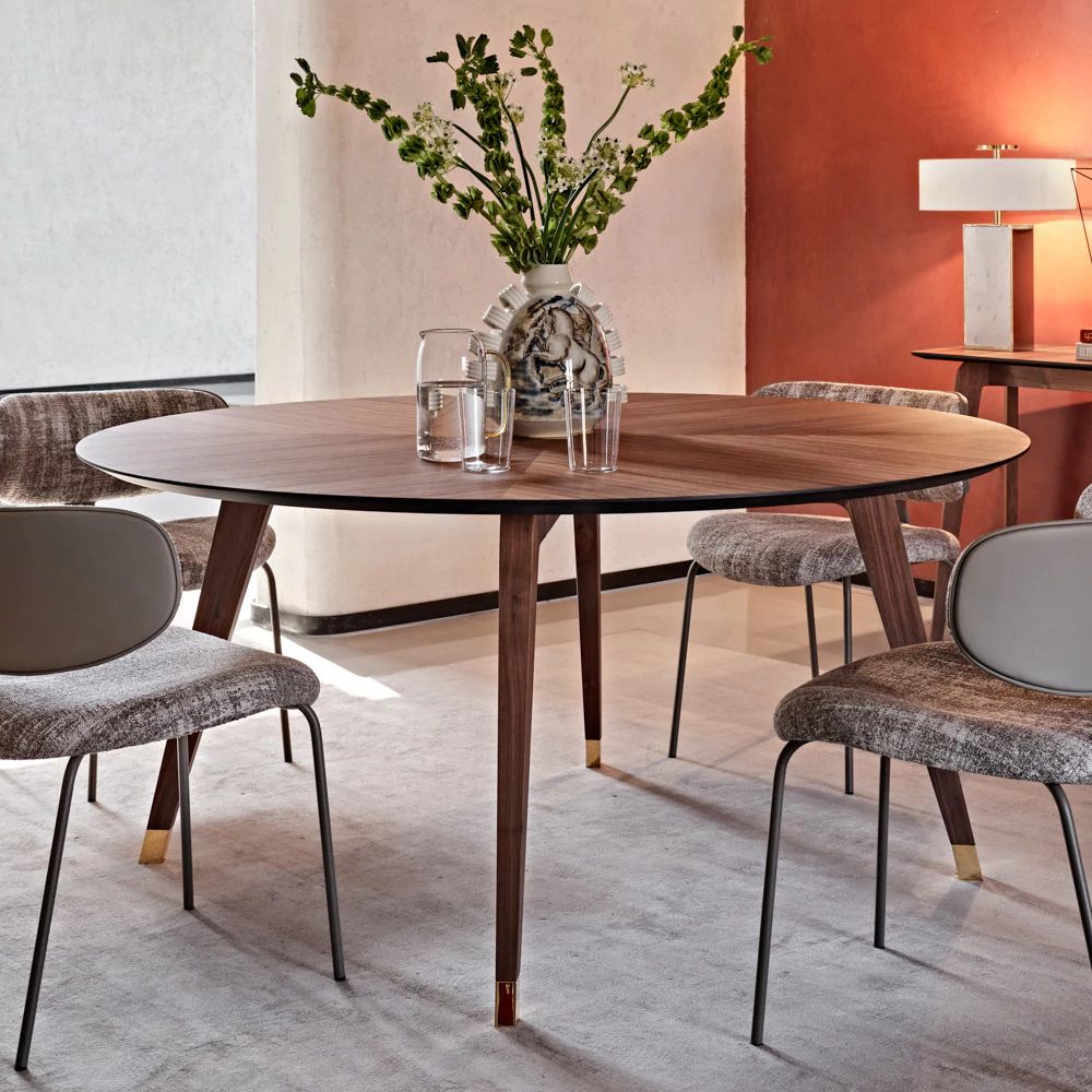 Contemporary Round Walnut Dining Table Set - Juliettes Interiors within