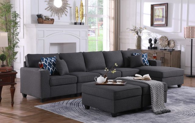 Cooper Linen Sectional Sofa Chaise With 2 Ottomans - Transitional ... throughout How the Cooper Dark Gray Linen Sectional Sofa Can Transform Your Home Decor